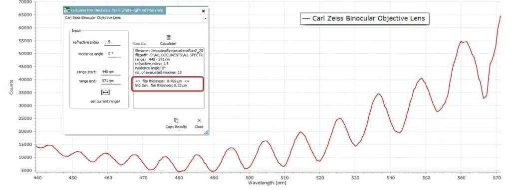 Binocular objective lens thin film determination